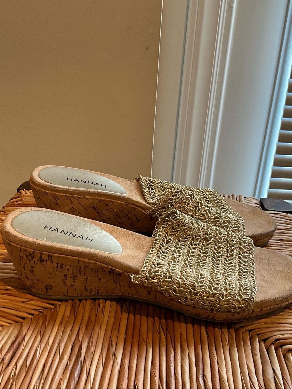 Hannah Tan Woven Cork Wedge Mules size 8